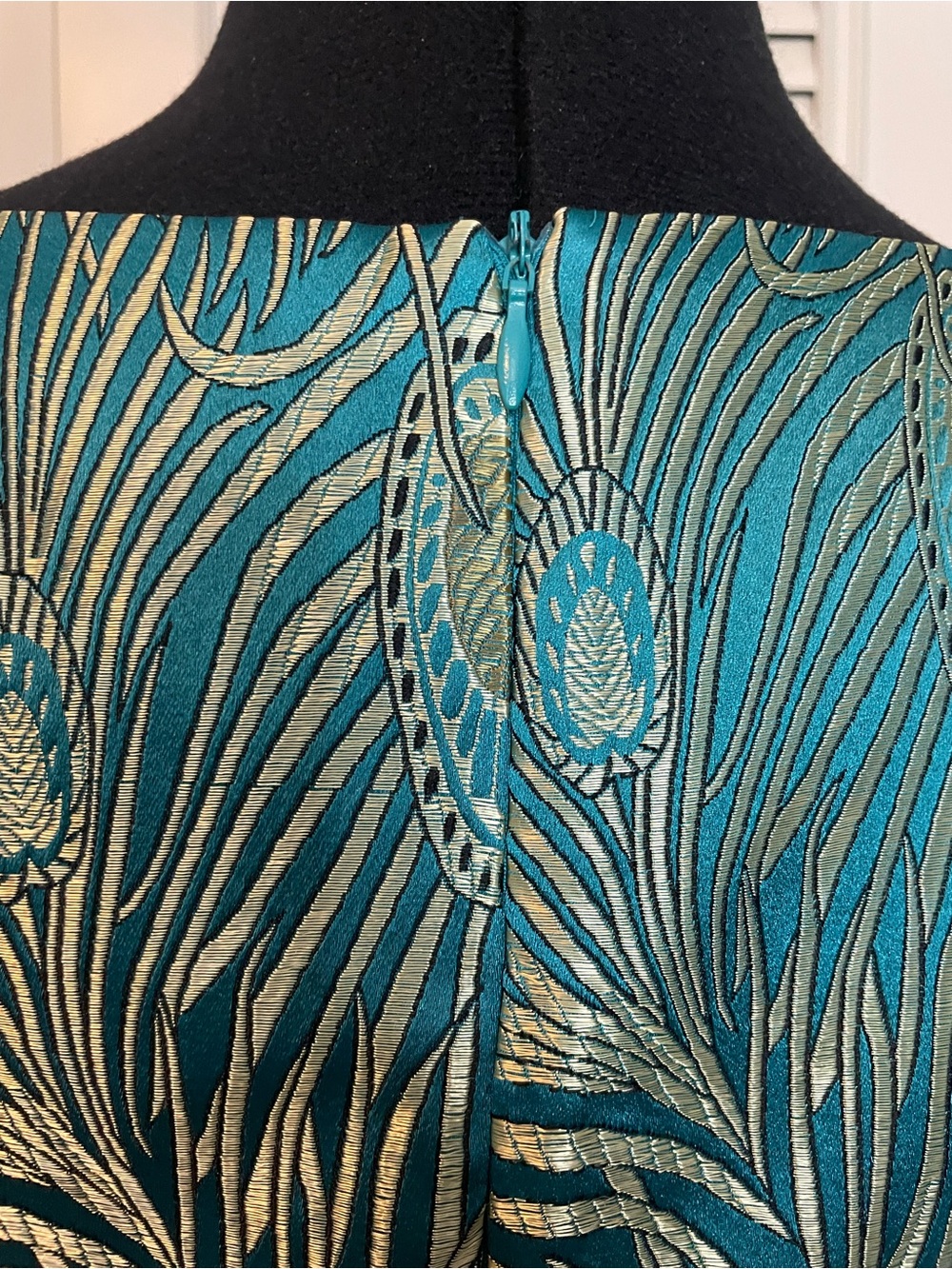 Teal Metallic Peacock Brocade Sheath Dress - Picture 8 of 9